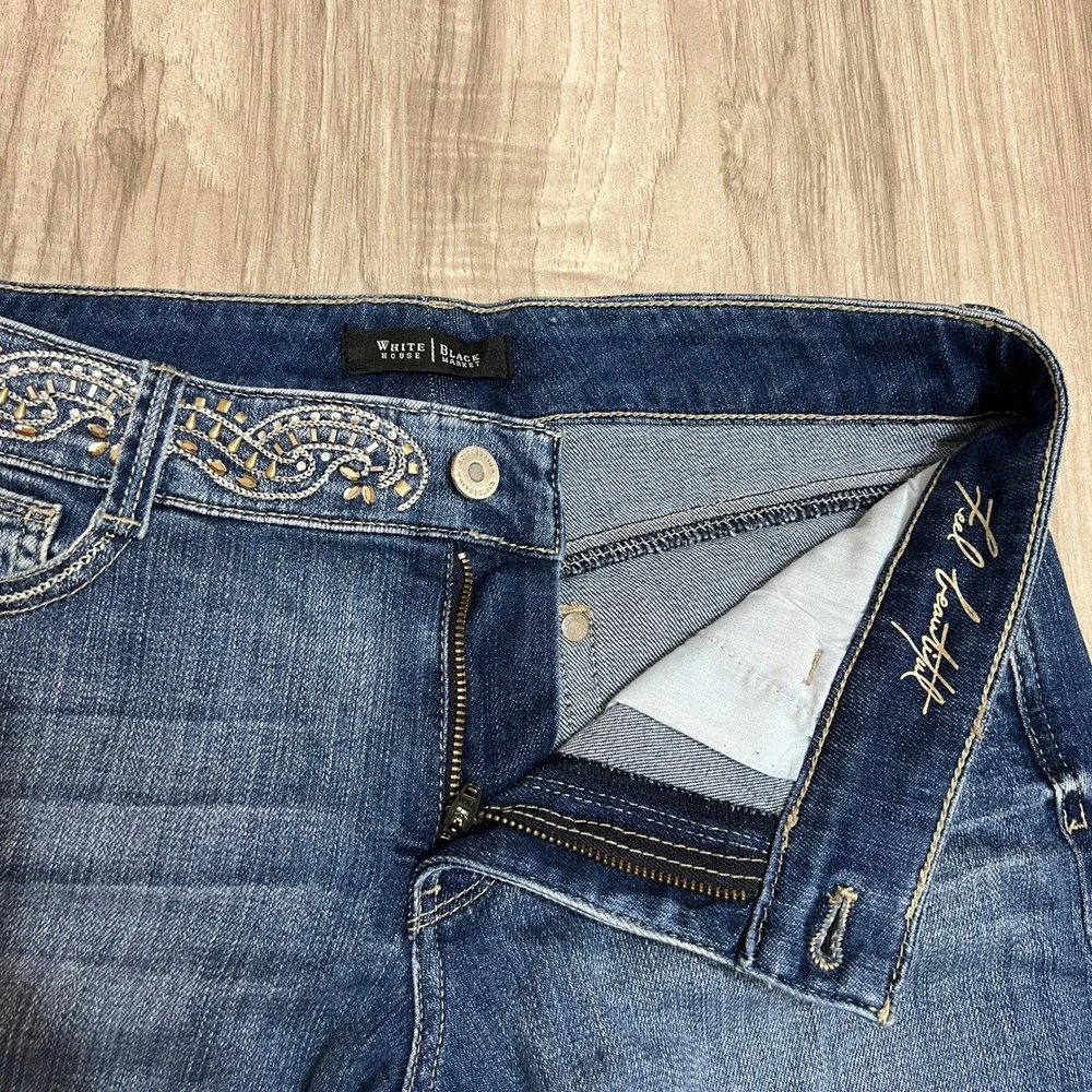 White House Black Market Embellished Denim Bermuda Shorts Sz 4 Jeweled Studded